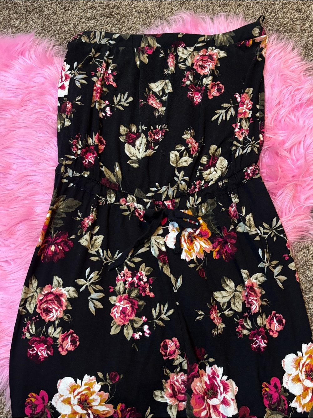 Ambiance Strapless Floral Jumpsuit Women’s Medium Black Pink Rose Print